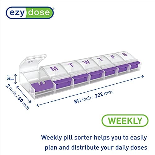 EZY DOSE Weekly (7-Day) Pill Case, Medicine Planner, Daily Vitamin Organizer Box, X-Large Push-Button Compartments, Convenient and Easy to Use, Arthritis Friendly, Clear Lids, Color May Vary, BPA Free