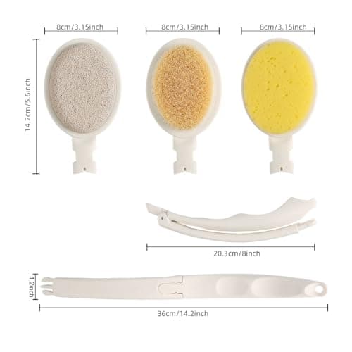 LFJ 19" Long Handle Shower Sponge Brush Set, 3 in 1 Body Brush, Bath Sponge and Lotion Applicator Improved Skin Health, Suitable for Men and Women (White Brush with pumice-1P)