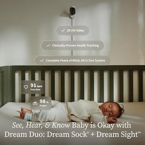 Owlet Dream Duo (Gen 3) Smart Baby Monitor All-in-One Bundle - 2K HD Video Baby Monitor with Alerts & Owlet Dream Sock Tracks Baby’s Oxygen, Heart Rate & Sleep | Health Insights via App | Bedtime Blue