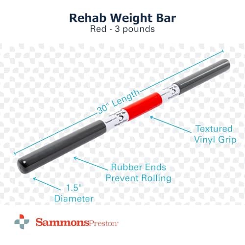 Sammons Preston Rehab Weight Bar, Red, 3 Pounds, Weighted Bar for Exercise, Color-Coded Bars with Grip, Physical Therapy Equipment for Home & Clinical Use, 30" Compact Design