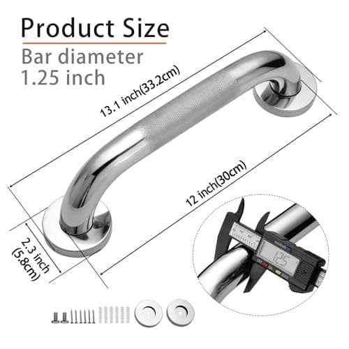 Rockgoya Shower Grab Bar, 2 Pack 12 Inch Bathroom Grab Bar, 304 Stainless Steel 1.25" Diameter Anti-Slip Handicap Grab Bar Support Shower Rail Senior Handrail Shower Safety Bar Handle