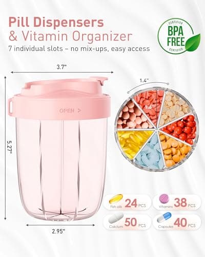 Large Pill Organizer,Supplement Organizer for 7 Different Vitamins,Pill Dispenser with Anti-Mixing Design,Easy to Retrieve Meds,Includes 20 Pcs Labels,Travel Pill Organizer(Pink)