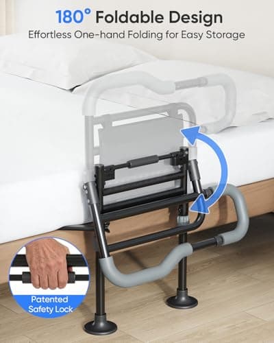 Bed Rails for Elderly Adults Safety, 180° Foldable Bed Assist Rails for Seniors, Non-Slip Handle & Suction Feet, Height Adjustable Bed Cane, Motion Sensor Light, FSA,HSA Eligible, Fits 7-13" Mattress