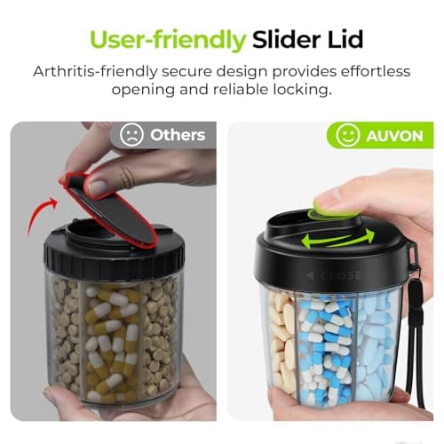 AUVON Large Pill Dispenser Can Store 7 Various Supplements, Travel Pill Organizer Bottle with Anti-Mix Design, Arthritis-friendly Pill Holder with Wide Opening & Slider Lid, Includes 20 Blank Stickers