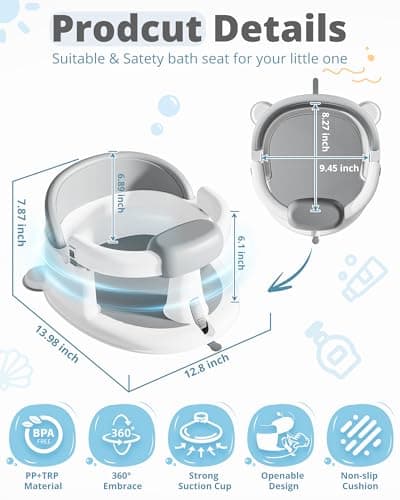 ONTHEWEI Baby Bath Seats for Babies Sitting Up, Non-Slip Baby Bathtub with 3 Suction Cups, Safe & Comfortable Toddler Bath Seat Ideal for Baby Bath/Shower Support, Stable Design, Grey (6-24 Months)