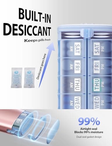 Vaydeer Metal 7 Day Pill Organizer 2 Times a Day – AM PM Weekly Travel Pill Case with Moisture-Proof Desiccant, Airtight Large Capacity Pill Box for Vitamins, Medications & Supplements (Rose Gold)