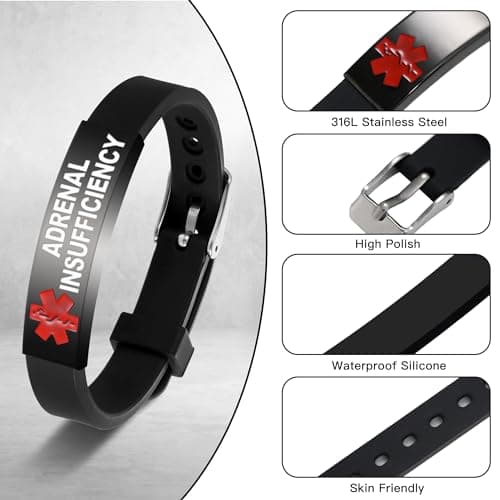 UNICGIFT Medical Alert Bracelet Pre-Engraved ADRENAL INSUFFICIENCY Identification Wristband for Women Adjustable Band Security Clasp Stainless Steel