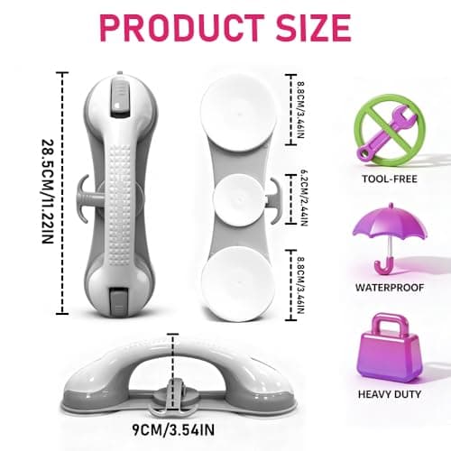 Grab Bars for Shower,Shower Handle with 3 Heavy Duty Suction Cups, Removable Bathtub Handrails for Elderly, No Drilling Waterproof Bathroom Safety Grip