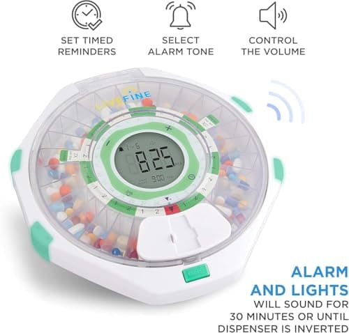 Live Fine 28-Day Automatic Pill Dispenser Clear Lid with Upgraded LCD Display and Key Lock, Sound & Light for Prescriptions, Medication, Vitamins, Supplements & More