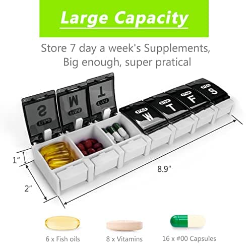 Extra Large Weekly Pill Organizer 2 Times a Day - Remtise Am/Pm Daily Pill Case Medicine Organizer, Push Button 7 Day Pill Box for Pills/Vitamin/Cod Liver Oil/Supplements (Black & White)