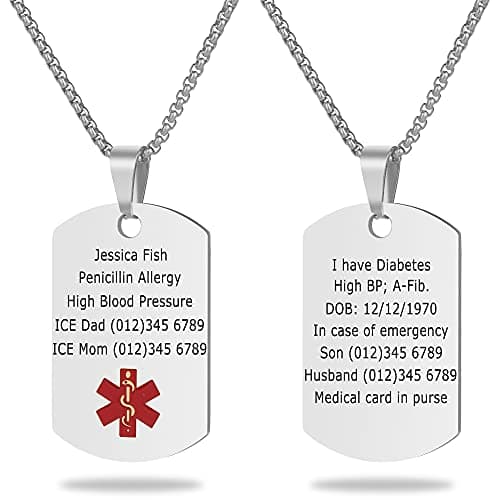 UNICGIFT Medical Alert Necklace Free Custom Engraving Personalized Gift Silver Polished Stainless Steel ID Tag Pendant for Men Women