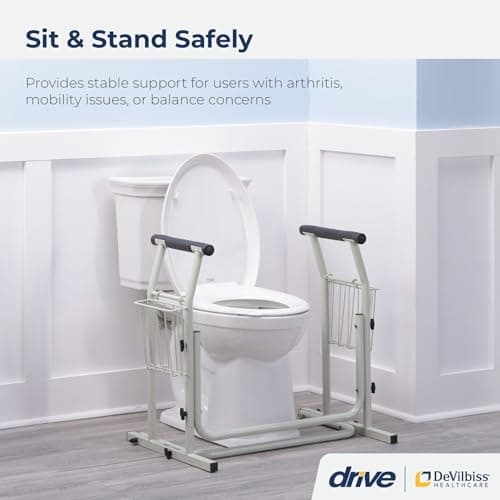 Drive Medical RTL12079 Toilet Safety Frame, Bathroom Grab Bar for Toilets, Freestanding Toilet Rail for Stability, For Users Up to 300 Pounds, White