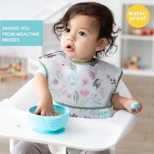 Bumkins Bibs for Girl or Boy, SuperBib Baby and Toddler for 6-24 Mos, Essential Must Have for Eating, Feeding, Baby Led Weaning Supplies, Mess Saving Catch Food, Waterproof Soft Fabric, Gray Floral