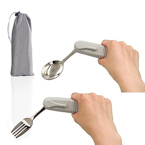 Pekokavo Adaptive Utensils Set, Angle Adjustable Arthritis Aid Silverware for Parkinsons, Hand Tremors, with Non-Slip Easy Grip Handle (2 Count (Spoon + Fork))