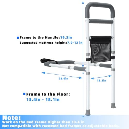 YrHeiper Bed Rails for Elderly Adults Safety - Adjustable Bed Assist Rail for Seniors Fall Prevention with Support Leg, Bedside Grab Bar Cane with Storage Pocket, Fits King, Queen, Full, Twin Bed