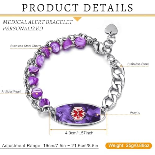 Customizable Medical Alert Bracelets for Women & Men, 2-Layer Purple Shell Beads Chain Medical ID Bracelets, Stainless Steel ID Tag with Free Engraving, Adjustable 6.5-7.5 Inches or 7.5-8.5 Inches