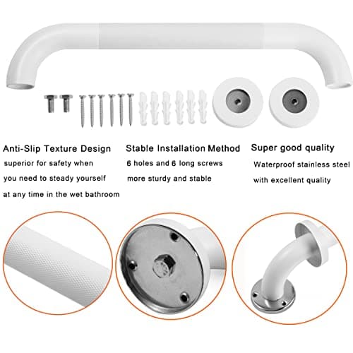 Rackickyer Shower Grab Bar, 2 Pack 12 Inch White Bathroom Grab Bar, 1.25" Diameter 304 Stainless Steel Anti-Slip Grab Bars for Bathtubs and Showers, Handicap Shower Grab Bar for Seniors Elderly