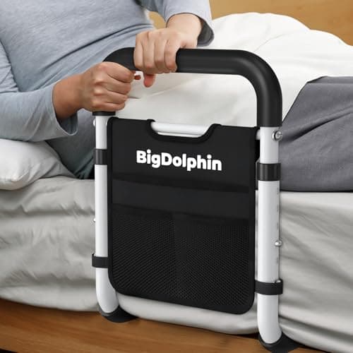 BigDolphin Bed Rails for Elderly Adults Safety - ASTM Approved Adjustable Bed Cane with Non-Slip Ergonomic Handle & Storage Pocket, Bed Railings for Seniors Support 350 LBS, Tool-Free