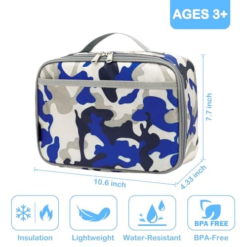 FlowFly Kids Lunch box Insulated Soft Bag Mini Cooler Back to School Thermal Meal Tote Kit for Girls, Boys,Blue Camo