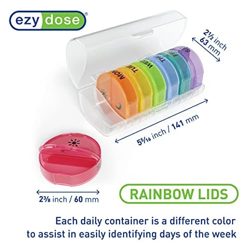 Ezy Dose Weekly (7-Day) Daily Pill Case, Medicine Planner, Vitamin Organizer Container, Travel Friendly, Easy to Use, X-Large Removable Individual Compartments, 2 Times a Day, Rainbow Lids, BPA Free