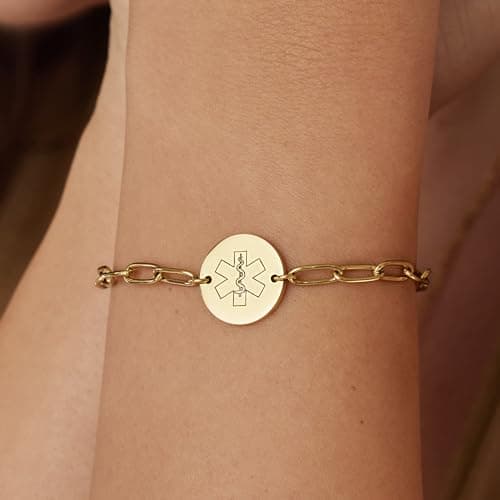 Medical Alert ID Bracelet for Women, Paperclip Adjustable Customized Medic Jewelry 18k Gold Rose Silver, Personalized Engraving, Hypoallergenic Waterproof, Includes Gift Box & Med ID Wallet Card