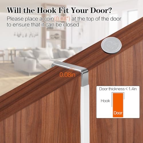 4 Pack Over The Door Hooks, Fits Doors Less Than 1.4in Thick, White Rubber Surface Prevent Scratch Door Hanger Hooks for Bathroom, Living Room, Kitchen, Hanging Clothes, Towels, Bags