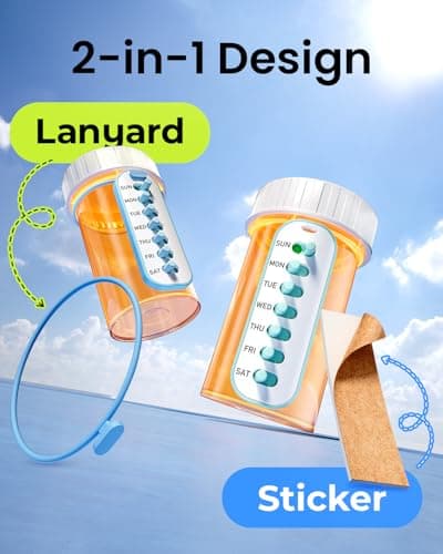 Odaro 2 Pack Pill Reminder, Lanyad or Sticker Pill Tracker, Work with Most Bottles, Reusable Medication Tracker Replacement of Vitamin Weekly (7 Day) Medicine Organizer