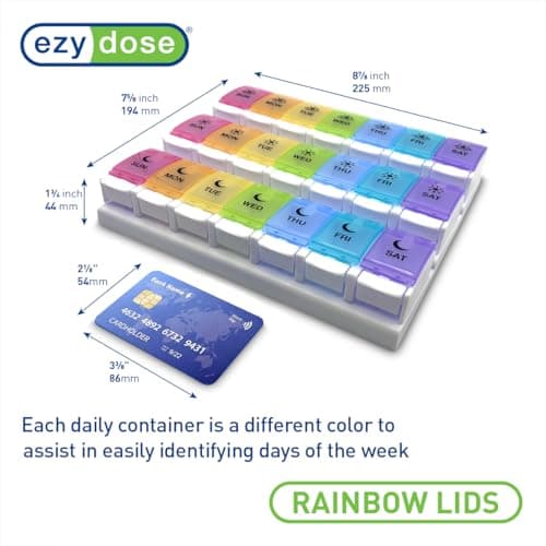 EZY DOSE Weekly (7-Day) Pill Case, Daily Medicine Planner, Vitamin Organizer Container, Large Push Button Compartments, Easy to Use, 3 Times a Day, Spring Open Design, Rainbow Lids, BPA Free