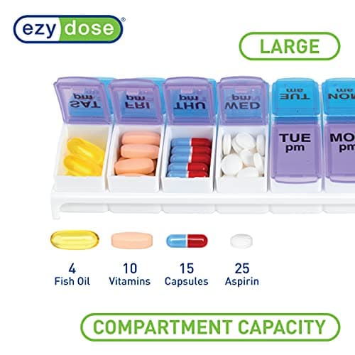 EZY DOSE Weekly AM/PM Pill Organizer, 7-Day Vitamin Container and Daily Medication Box with Large Pop-Out Compartments, 2 Times a Day Pill Holder, Blue and Purple Lids, Travel-Friendly Design