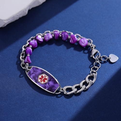 Customizable Medical Alert Bracelets for Women & Men, 2-Layer Purple Shell Beads Chain Medical ID Bracelets, Stainless Steel ID Tag with Free Engraving, Adjustable 6.5-7.5 Inches or 7.5-8.5 Inches