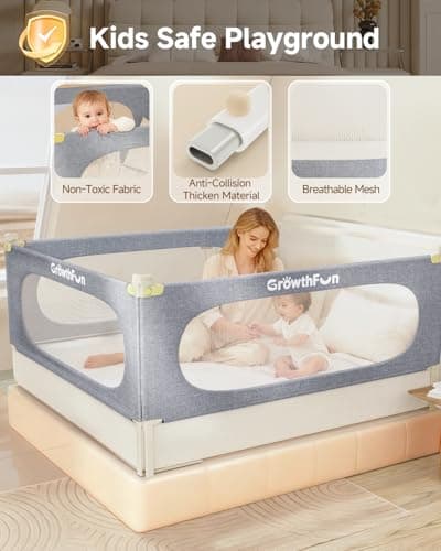 GrowthFun 3-Piece King Size Bed Rail for Toddlers, Baby Bed Rail Guard with Height Adjustable Toddlers Bed Rail, Kids Safety Bed Rail for King Size Bed (78.7"x78.7"x74.8" - Grey)