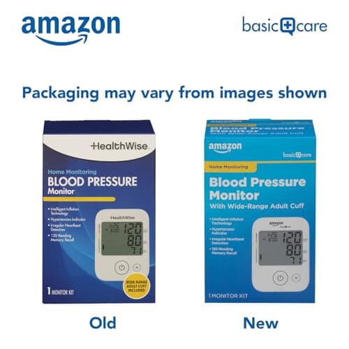 Amazon Basic Care Blood Pressure Monitor, Wide Range Arm Cuff, Intelligent Inflation Technology, Home Monitoring, Hypertension Indicator, Irregular Heartbeat Detection, Large (Previously Healthwise)
