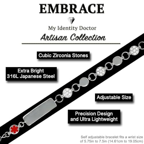 My Identity Doctor Custom Engraved Embrace Medical ID Bracelets for Women, Lightweight Bright 316L Stainless Steel, Waterproof, Engraving Lifetime Coverage - Artisan Collection USA
