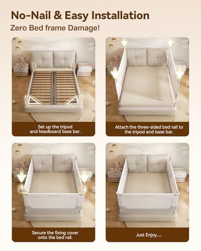3 Piece Bed Rails for King Size Bed, No-Drill Needed Baby Bed Rail Guard for Toddlers with Height Adjustable, Thickened Child Safety Side Railing Guards/Bedrail for Kids, White/Grey, 74.8x78.7x78.7in