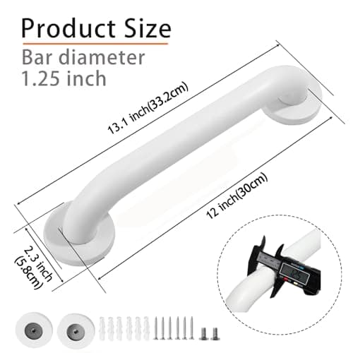 Rackickyer Shower Grab Bar, 2 Pack 12 Inch White Bathroom Grab Bar, 1.25" Diameter 304 Stainless Steel Anti-Slip Grab Bars for Bathtubs and Showers, Handicap Shower Grab Bar for Seniors Elderly
