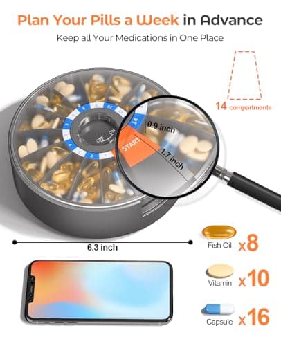 Daviky Pill Dispenser Daily, Large Pill Organizer with Wall-Mounted or Standing Use, 14 Days Pill Container, Push Button Design, Weekly Pill Box for Vitamin, Medicine,Supplement, Fish Oil(Gray)