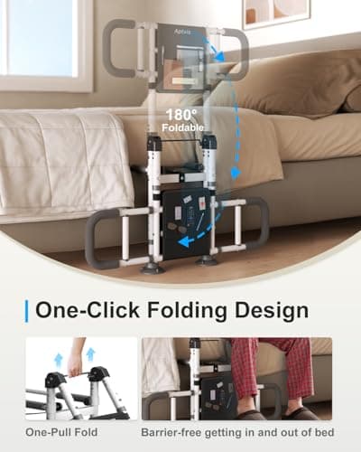 Bed Rails for Elderly Adults Safety - ASTM Compliant, 350 lb Heavy Duty Foldable Bed Assist Rail for Seniors, Adjustable Bed Cane with Non Slip Handle, Light & Pouch, Fits Twin Full Queen King Grey