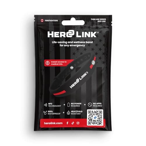 Hero Link® Medical ID Bracelet & Wellness Wristband – Adjustable Silicone, Waterproof, Heat-Resistant, Smart Band with NFC Tag for Instant Emergency Info Access (Red Line - Firefighters)