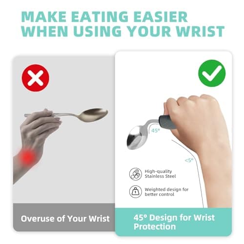 4 Pcs Adaptive Utensils for Elderly, 45° Angled Built Up Handle Utensils for Adults, Arthritis Silverware for Parkinsons Patients, Eating Utensils for Hand Tremors(Right-Handed)