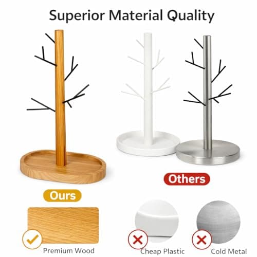 Creative Home Acacia Wood, Metal Tree Holder Stand│ Natural Wood & Black Branch Holder for Mugs, Jewelry & Accessories │ Stylish Kitchen or Vanity Organizer Gift