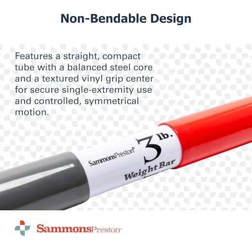 Sammons Preston Rehab Weight Bar, Red, 3 Pounds, Weighted Bar for Exercise, Color-Coded Bars with Grip, Physical Therapy Equipment for Home & Clinical Use, 30" Compact Design