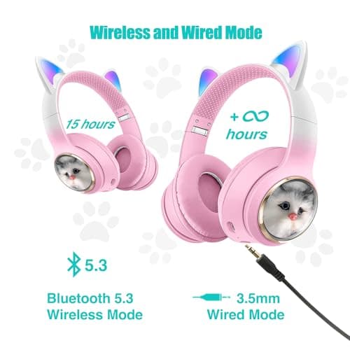 VIGROS Cat Ear Wireless Bluetooth Headphones, Noise Reduction Gaming Headsets 7D Sound Over-Ear Headsets with Microphone, for Girls Kids, for PC, PS4, PS5, Switch, Xbox, Cell Phone, Laptop