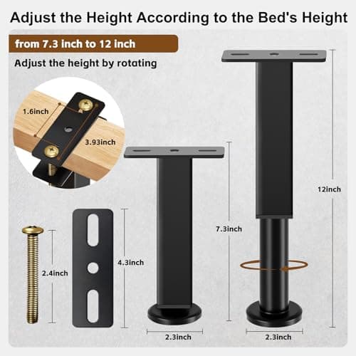 Smipam Bed Support Legs, 6PCS Replacement Adjustable Bed Risers, 7.3-12 in Heavy Duty Metal Furniture Feet with Non-Slip Rubber Base for King Queen Slats, Couch, Table, Sofa