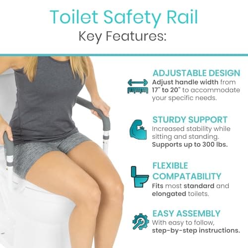 Vive Toilet Safety Rail - Adjustable Grab Bar - Compact Support Frame with Handrail for Bathroom Toilet Seat - Easy Installation for Handicap Senior Bariatrics, Elderly Balance - Padded Hand Armrest
