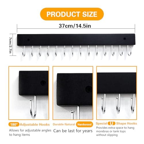 Wall Mounted Hook Rack with 14 Metal Hooks, Heavy Duty Multi-Purpose Organizer for Kitchen Utensils Jewelry and Belts, Minimalist Entryway Coat Hanger, Space-Saving Hanging Storage, Matte Black