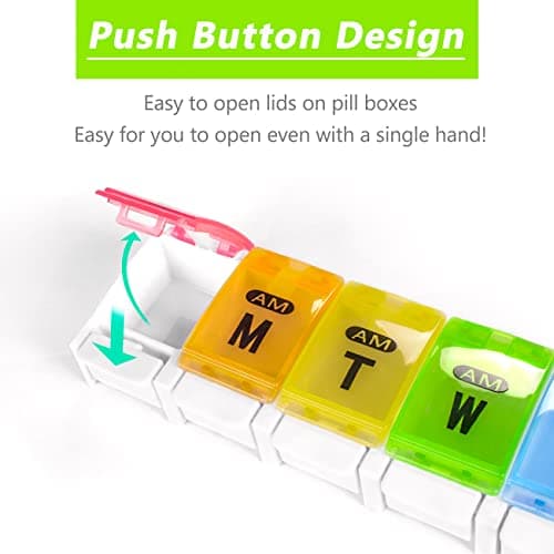Extra Large Weekly Pill Organizer 2 Times a Day - Remtise Am/Pm Daily Pill Case Medicine Organizer, Push Button 7 Day Pill Box for Pills/Vitamin/Cod Liver Oil/Supplements (Rainbow)