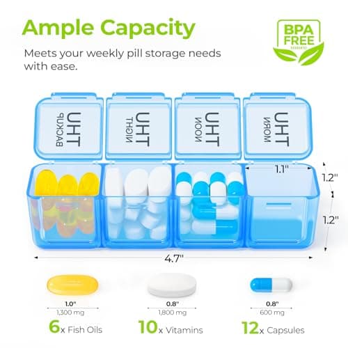 AUVON Weekly Pill Organizer 4 Times a Day with Face-Up Labels for Easy Track, Large Pill Box 7 Day with Dual Protection, Removable Containers for Travel, Pill Case for Medication, Vitamins, Fish Oils
