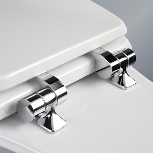 Mayfair Bennett Toilet Seat with Chrome Hinges, Slow Close Wood Seat, Secure Metal Hinges, Easy Install, Made in USA, Round, White