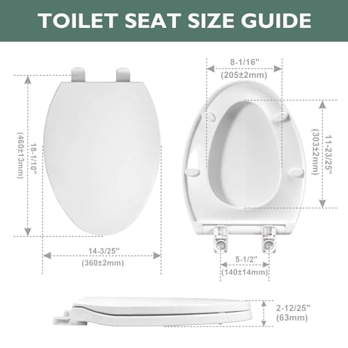Toilet Seat Elongated, Slow Close Hinges, Four Non-Slip Bumpers, Easy to Install and Clean, Durable Plastic, White – Two Sets of Mounting Parts Included