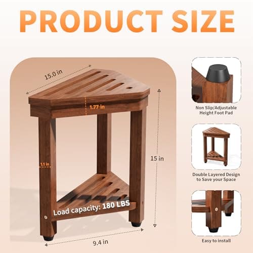 Shower Foot Rest 15 in, Acacia Shower Stool for Shaving Legs,Corner Bath Shower Bench with Starage Shelf for Inside Small Shower Spaces